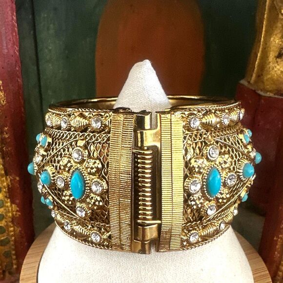Gold-Tone Turquoise & Crystal Clamper Cuff Bracelet - Picture 6 of 8